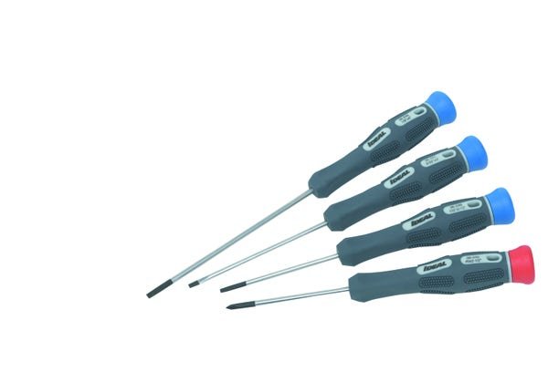 IDEAL 36-249 four-piece slim electronic screwdriver set with three blue caps and one red cap